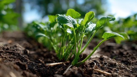 A vibrant green potato plant emerges from the dark, rich soil, showcasing healthy growth in an outdoor agricultural field under a sunny blue sky.の素材