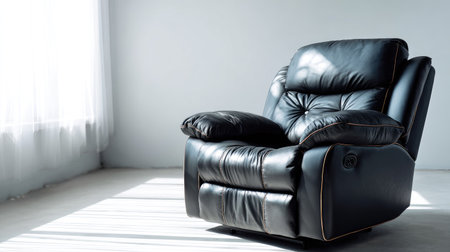 A sleek black recliner chair stands elegantly in a sunlit room, creating a perfect setting for relaxation and comfort. Its modern design enhances any home interior.の素材