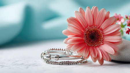This image showcases an elegant silver bracelet paired with a delicate pink flower against a soft blue background, creating a stylish and serene composition.の素材