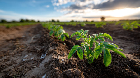 This image captures young potato plants emerging from rich soil, bathed in warm, golden sunlight during the early evening. The vibrant green leaves contrast beautifully with the earthy tones, showcasing the beauty of agriculture and growth in nature.の素材
