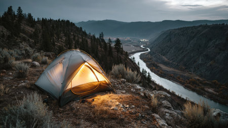 A beautifully serene camping scene showcases a tent illuminated from within, set against a magnificent river valley and mountain backdrop during dusk.の素材