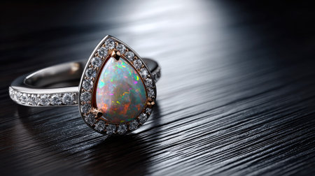This stunning tear drop opal ring features a vibrant center stone surrounded by sparkling diamonds, set against a dark wooden background. Perfect for jewelry lovers.の素材