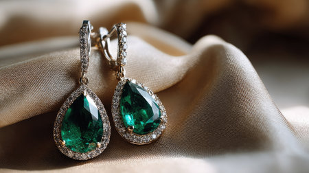 Stunning elegant earrings featuring vibrant green gemstones with sparkling diamond accents, delicately placed on soft, luxurious fabric, perfect for showcasing fine jewelry.の素材