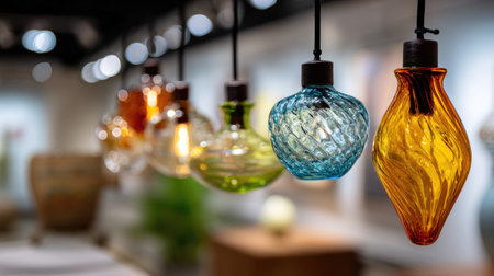 Beautifully crafted glass pendants hang elegantly in a modern interior, showcasing vibrant colors and unique designs that enhance any spaceの素材