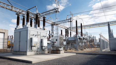 A detailed view of a modern electrical substation featuring high voltage equipment and power lines against a clear blue sky, illustrating energy infrastructure.の素材