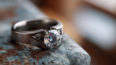 Capture the essence of romance with this stunning diamond engagement ring, featuring a brilliant cut stone shining on a textured stone surface.の素材