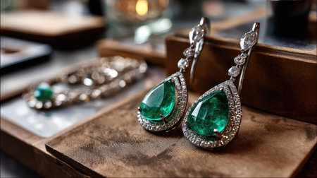 A stunning close-up of emerald earrings featuring exquisite diamonds, displayed elegantly on a rustic wooden surface, showcasing craftsmanship and luxury.の素材