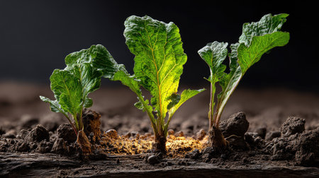 Vibrant green leaves rise from rich dark soil, illuminated by soft light, symbolizing growth and renewal in urban gardening or agriculture.の素材