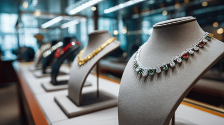 This striking image captures an elegant display of exquisite jewelry pieces in a modern boutique, showcasing intricate designs and radiant gemstones.の素材
