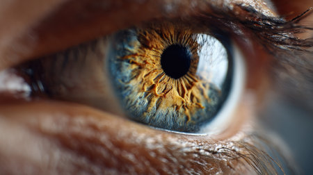 This stunning close-up photograph showcases the intricate details of a human eye, revealing vibrant colors and unique patterns within the iris, capturing attention through its remarkable clarity and texture.の素材