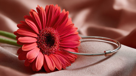 This beautiful close-up image features a vibrant red flower resting beside a shiny circular object on soft fabric. The delicate petals highlight nature's beauty in a serene setup.の素材