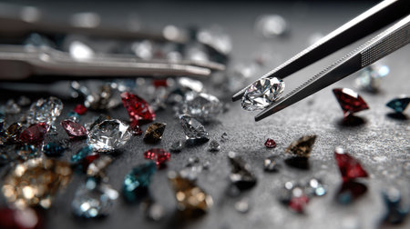 A skilled jeweler carefully selects a stunning diamond using tweezers, surrounded by an array of colorful gemstones on a dark surface, highlighting luxury.の素材
