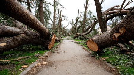 This high-resolution image captures the aftermath of a severe storm, showcasing fallen trees that litter the pathway, highlighting the destructive power of nature in urban settings.の素材