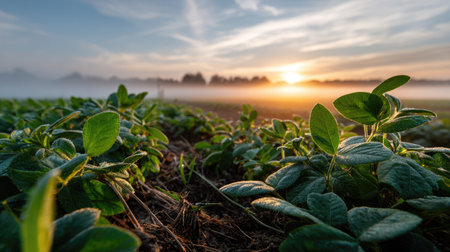 A serene view of young green plants adorned with morning dew, illuminated by the soft morning light of a rising sun against a misty backdrop.の素材