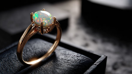 This stunning image features an opal ring with a golden band, showcasing its unique colors and iridescence against a dark background. Perfect for jewelry lovers.の素材