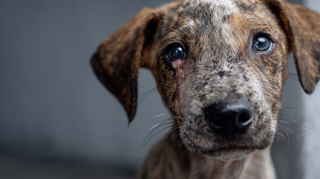 This heartfelt close-up image captures a stray puppy with a unique coat pattern and expressive eyes, evoking emotions of compassion and care for animals in need.の素材
