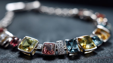 This breathtaking close-up image showcases a colorful gemstone bracelet with silver accents, highlighting its intricate design and elegance against a dark background.の素材