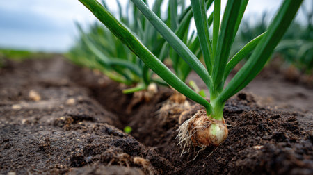 Close-up view of fresh green onions growing in rich soil, showcasing organic farming practices. This image captures the essence of greenery and health in agriculture.の素材