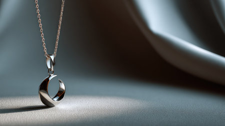 Capture the essence of sophistication with this elegant silver pendant necklace set against a softly draped fabric backdrop, highlighting its modern design.の素材