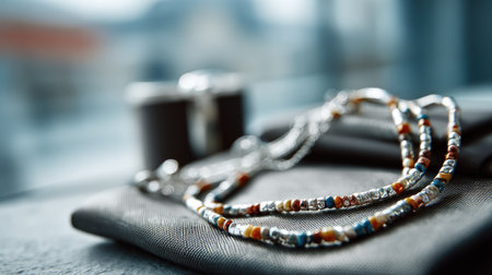 This captivating image features beautifully crafted beaded necklaces and silver chains laid on fabric, showcasing elegant jewelry design in a soft-focus setting.の素材