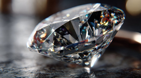 This stunning close-up image captures the intricate details of a beautifully cut diamond, showcasing its sparkle and colorful reflections on a dark surface.の素材