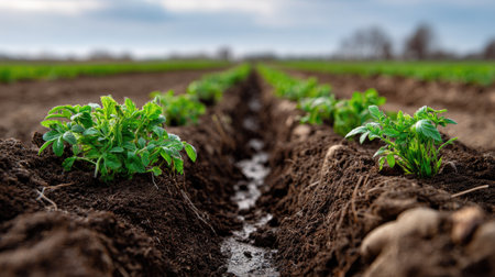 A close-up view of lush potato plants emerging from rich soil rows, capturing the essence of agriculture with a dramatic sky and expansive farmland.の素材