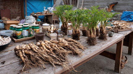 This scene captures freshly harvested roots displayed on a rustic wooden table alongside jars in an outdoor market setting. Perfect for agriculture and organic themes.の素材