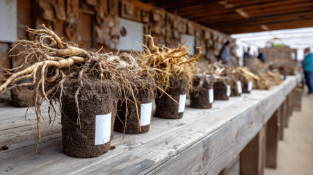 This image showcases soil-covered pots with roots, arranged on a wooden table in an agricultural workshop, illustrating plant growth techniques and hands-on gardening practices.の素材