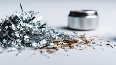 Close-up image of metallic shavings and scrap scattered on a surface, with a blurred container in the background, ideal for industrial and creative projects.の素材