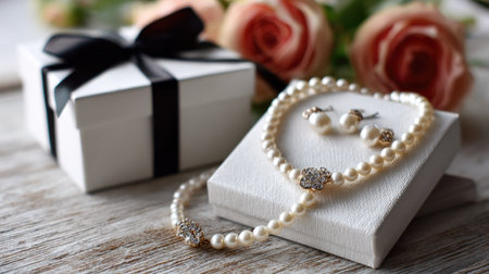 A beautiful arrangement featuring an elegant pearl jewelry set with matching earrings, gift boxes, and fresh roses on a wooden surface, perfect for luxurious presentations.の素材