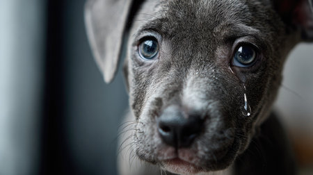This close-up photograph showcases a sad puppy with a tear rolling down its cheek, emphasizing its emotional expression and vulnerability.の素材