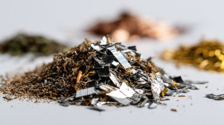 A detailed close-up of various metal and organic shavings piled together on a smooth gray surface, showcasing textures and colors in a blurred background.の素材