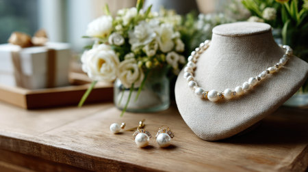 A beautiful arrangement of pearl jewelry including earrings and a necklace showcases elegance against a backdrop of fresh flowers and natural light.の素材