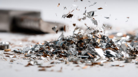 Close-up view of shiny metallic shavings scattered in an abstract arrangement on a white surface, highlighting textures and colors of raw materials.の素材
