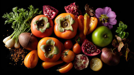 An artistic display of assorted fresh fruits and vegetables, showcasing vibrant colors and textures against a sleek black background. Ideal for culinary projects.の素材