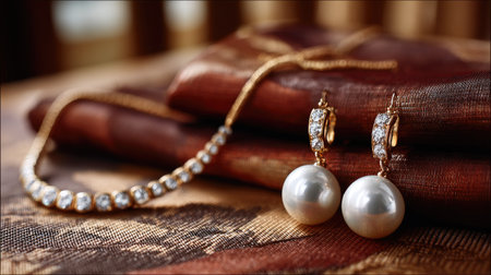 This exquisite image showcases an elegant jewelry arrangement featuring lustrous pearl earrings and a sparkling necklace, set against luxurious fabric.の素材