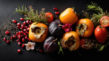 A stunning composition featuring ripe persimmons, bright pomegranates, juicy tomatoes, and delicate flowers arranged on a dark surface, celebrating seasonal harvest.の素材