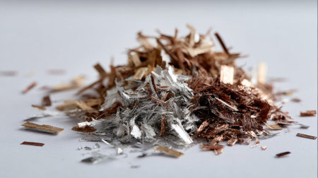 A close-up view of metallic and wooden shavings skillfully arranged on a neutral background, showcasing the texture and contrast between artificial and natural materials.の素材