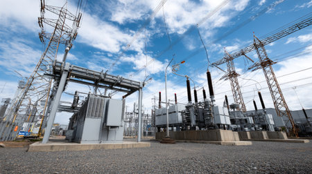 A high voltage power station featuring various electrical components and transmission lines, set against a clear blue sky. The image showcases modern energy infrastructure and utility operations.の素材