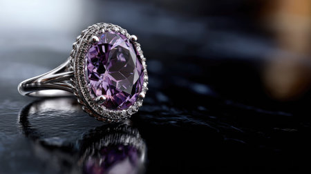 This stunning amethyst ring features a large purple gemstone surrounded by sparkling diamonds, set in a finely crafted silver band, perfect for any occasion.の素材