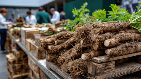 A vibrant scene of fresh organic root vegetables displayed on a rustic wooden table at a bustling farmers market, with people shopping in the background.の素材