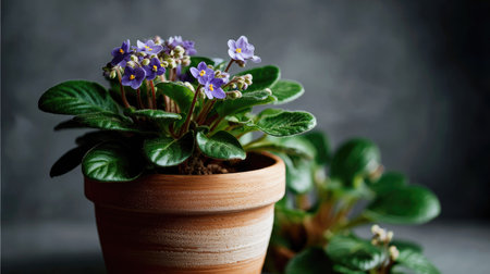 A charming display of vibrant African violets in a rustic ceramic pot, exemplifying nature's beauty and ideal for indoor gardening enthusiasts and decorators.の素材