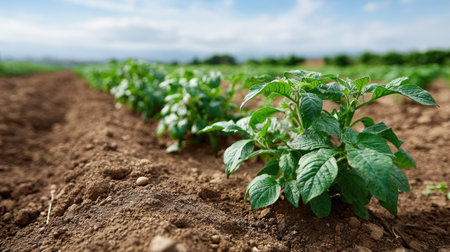 A picturesque scene of vibrant green potato plants emerging from rich brown soil, showcasing the beauty of agriculture and nature's bounty under a blue sky.の素材