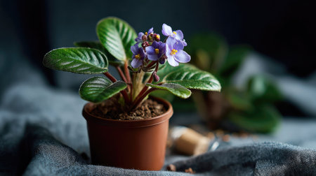 A beautifully captured African violet with delicate purple flowers and lush green leaves, positioned elegantly in a brown pot, ideal for plant lovers and home decor.の素材