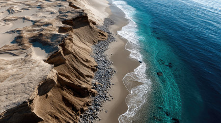 This stunning aerial view showcases a serene beach with dramatic cliffs meeting a turquoise coastline. The harmonious blend of sand, rocks, and surf creates a tranquil atmosphere ideal for nature lovers and adventurers.の素材