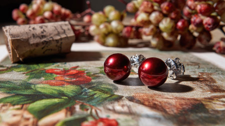A stunning close-up of elegant red earrings set against a vibrant floral background complemented by grapes and a cork, evoking a sense of glamour and beauty.の素材