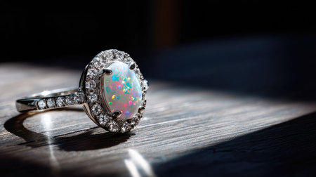 A stunning opal ring features a radiant gemstone at its center, surrounded by sparkling diamonds. The dramatic lighting showcases its elegance.の素材