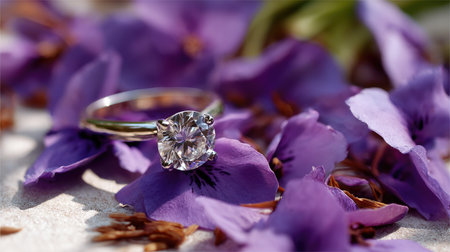 Discover the beauty of an elegant diamond ring gracefully placed among vibrant purple flower petals, capturing a perfect blend of luxury and nature.の素材