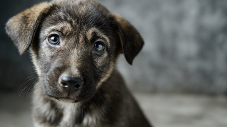 This enchanting image features a young puppy with striking eyes, showcasing its playful demeanor and innocence against a soft grey background.の素材