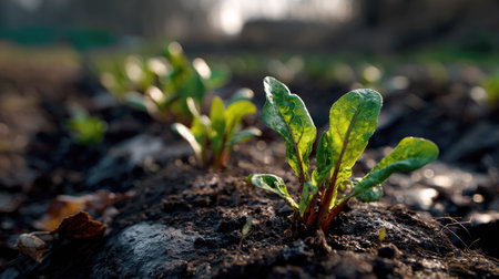 This image showcases fresh green spinach seedlings thriving in rich, dark soil under soft sunlight, capturing the essence of growth and vitality in a natural garden setting.の素材